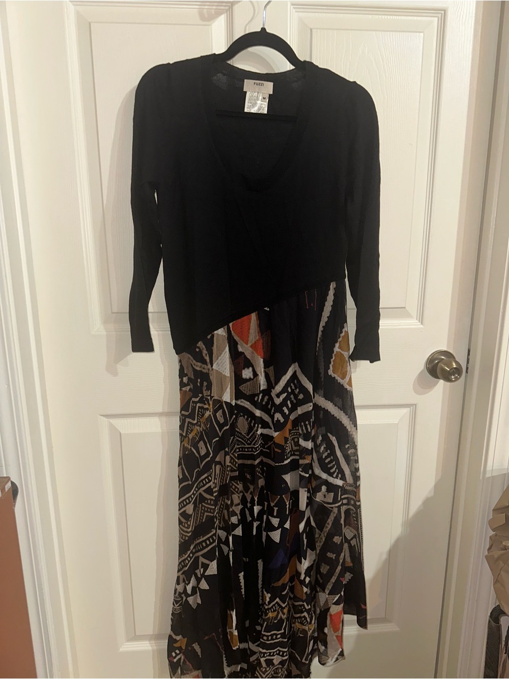 Fuzzi Black Asymmetrical Layered Dress with Patterned Skirt M made in Italy
